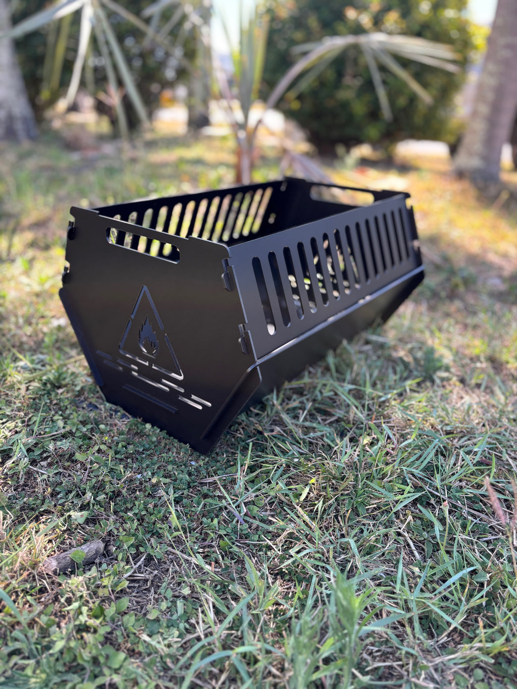 laser cut flat pack fire pit 3mm steel low profile angular design perforated grate Mackay Queensland Australia