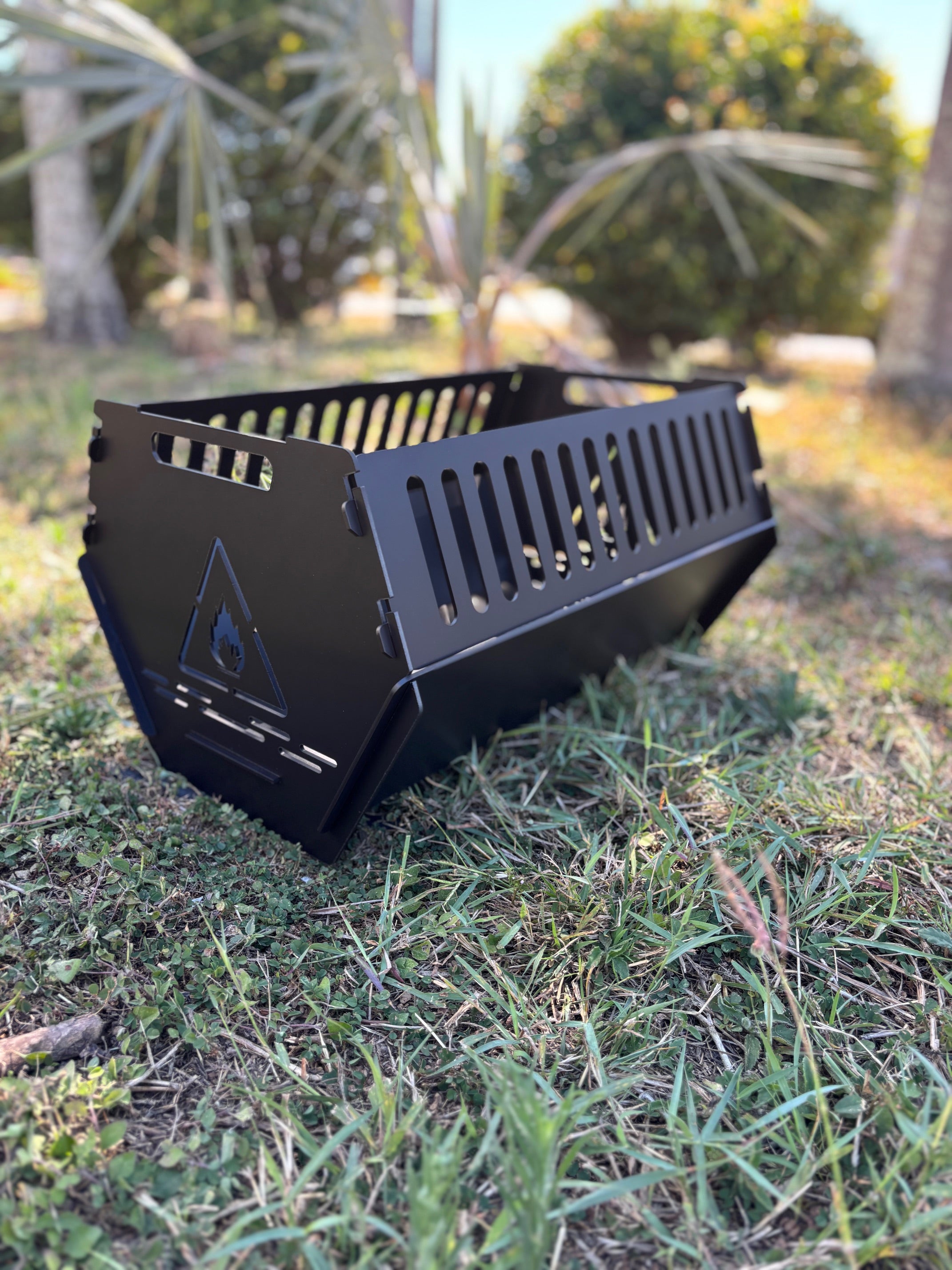 laser cut flat pack fire pit 3mm steel low profile angular design perforated grate Mackay Queensland Australia