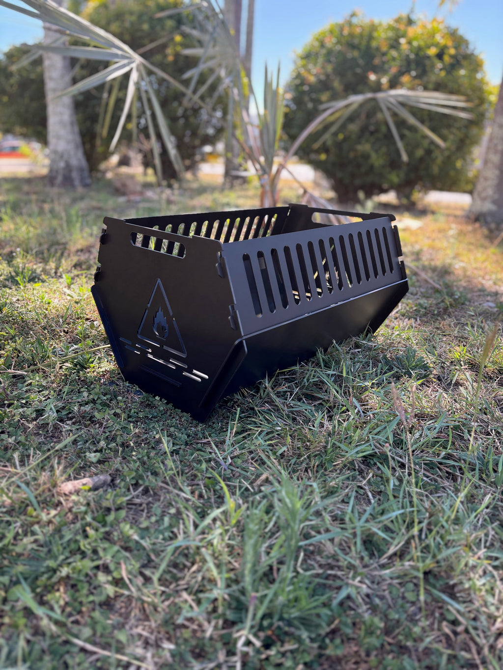 laser cut flat pack fire pit 3mm steel low profile angular design perforated grate Mackay Queensland Australia