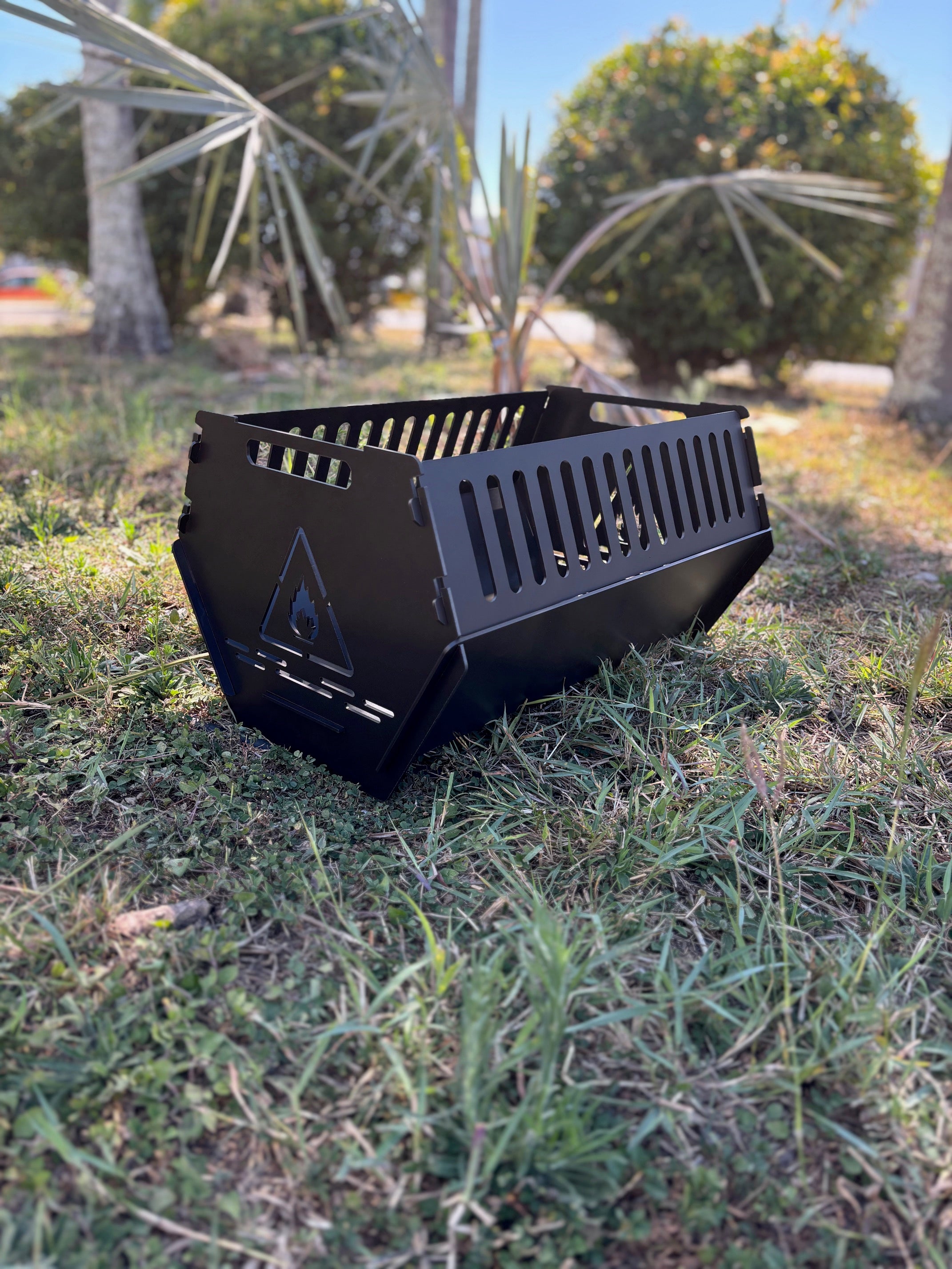laser cut flat pack fire pit 3mm steel low profile angular design perforated grate Mackay Queensland Australia